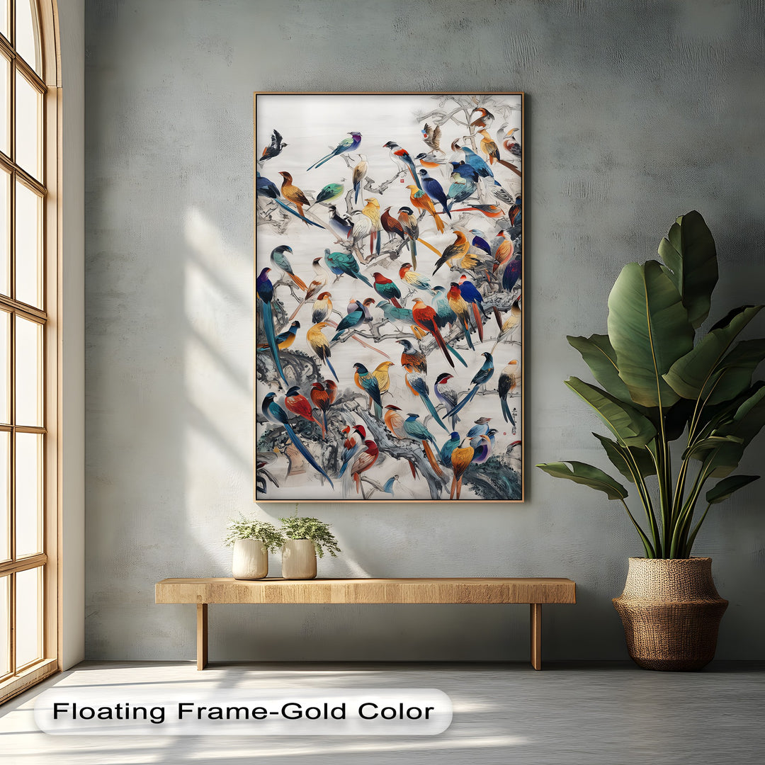 Symphony of Colors – Exotic Birds Gathering Canvas Wall Art | Large Canvas