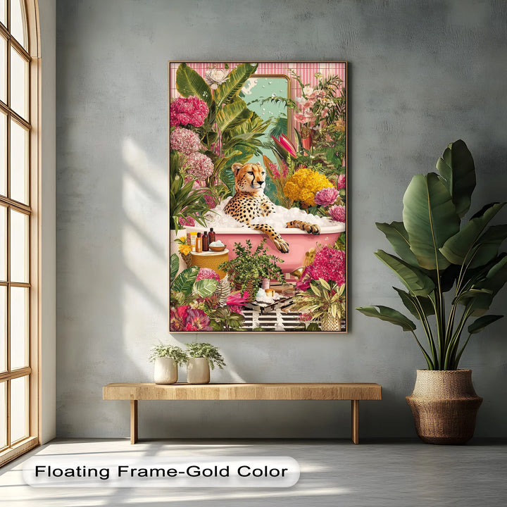 Cheetah in Pink Bathtub – Whimsical Jungle-Inspired Canvas Print - MyPhotoStation