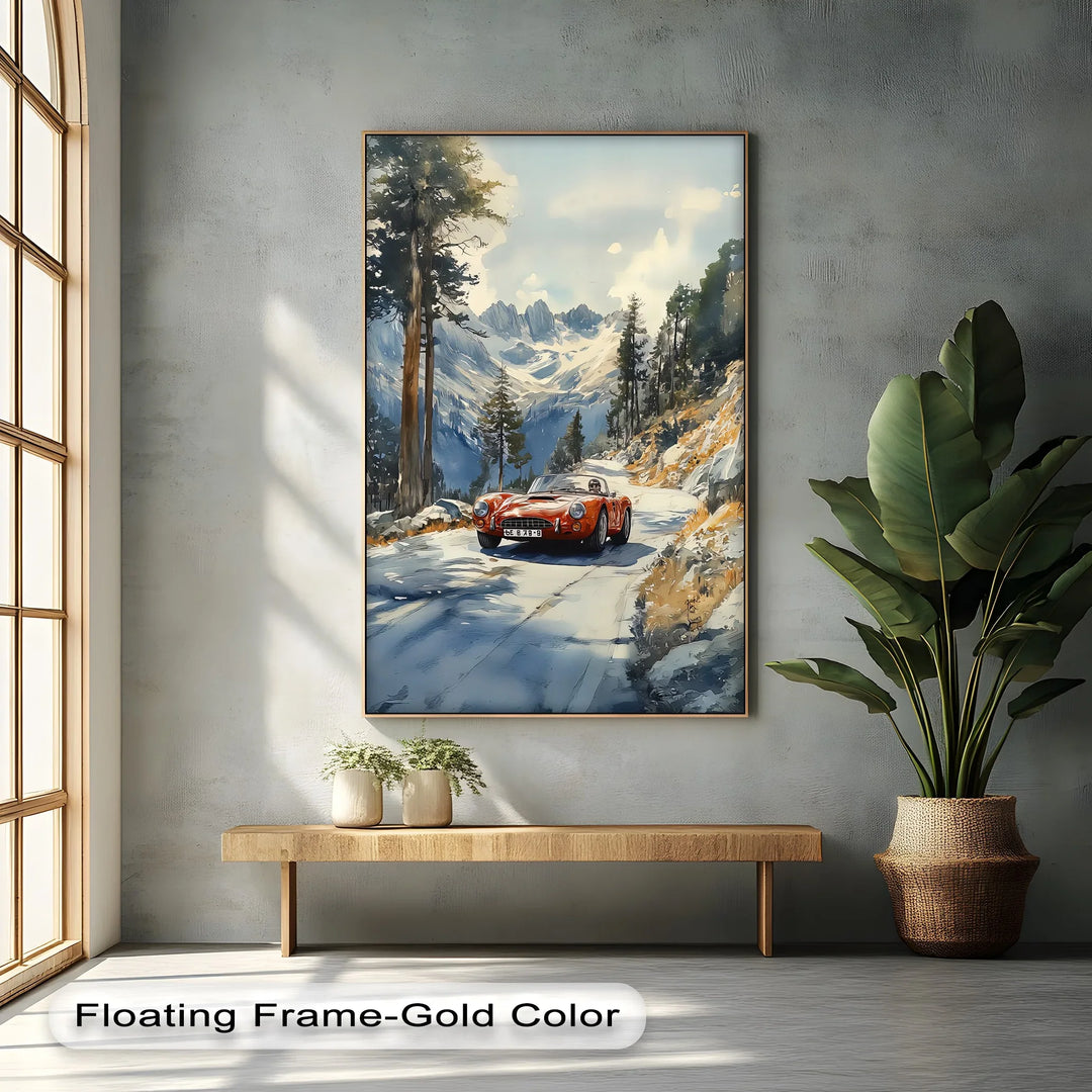 Crimson Speed – Classic Red Sports Car in Mountain Pass Canvas Print - MyPhotoStation