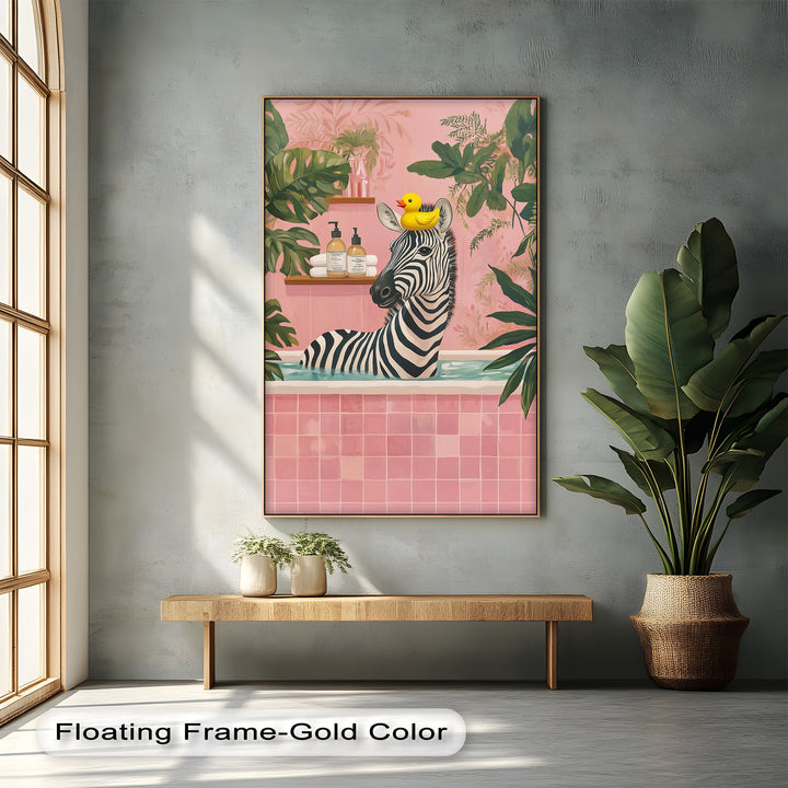 Add a pop of personality to your space with this bathroom canvas art, where vibrant tropical plants meet a zebra with a rubber duck—ideal for modern and creative interiors.

