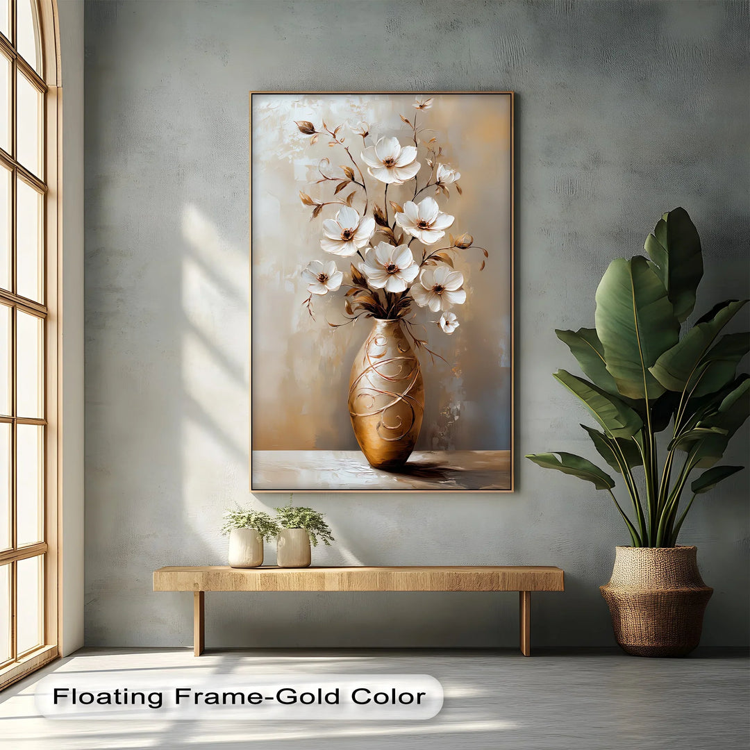 Golden Bloom – Elegant White Floral Arrangement Canvas Print - MyPhotoStation