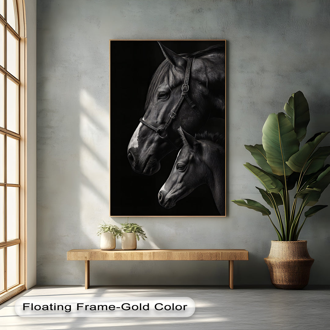 Eternal Bond – Mother and Foal on Black Canvas Print