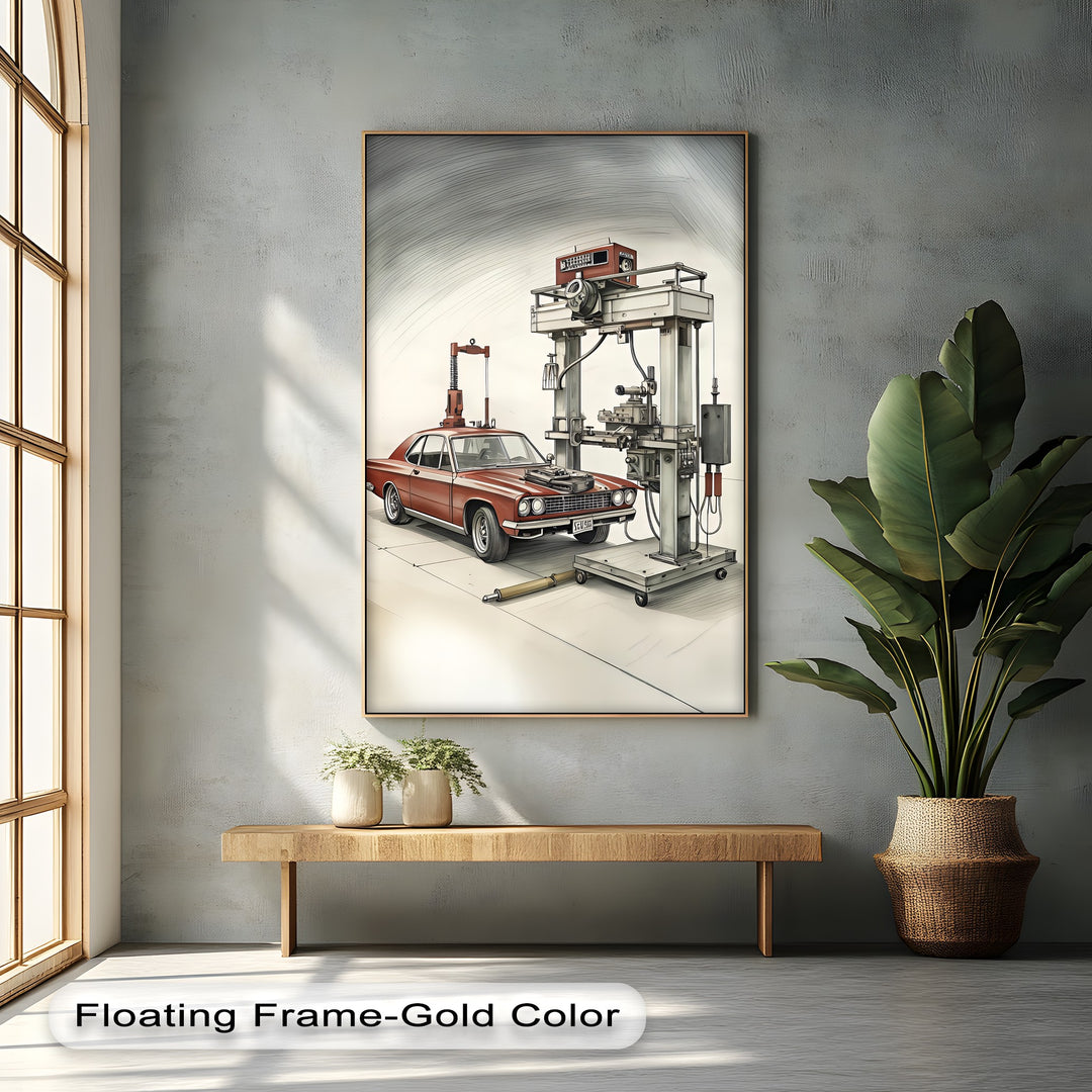 Retro Muscle Car in Workshop - Car Canvas Print