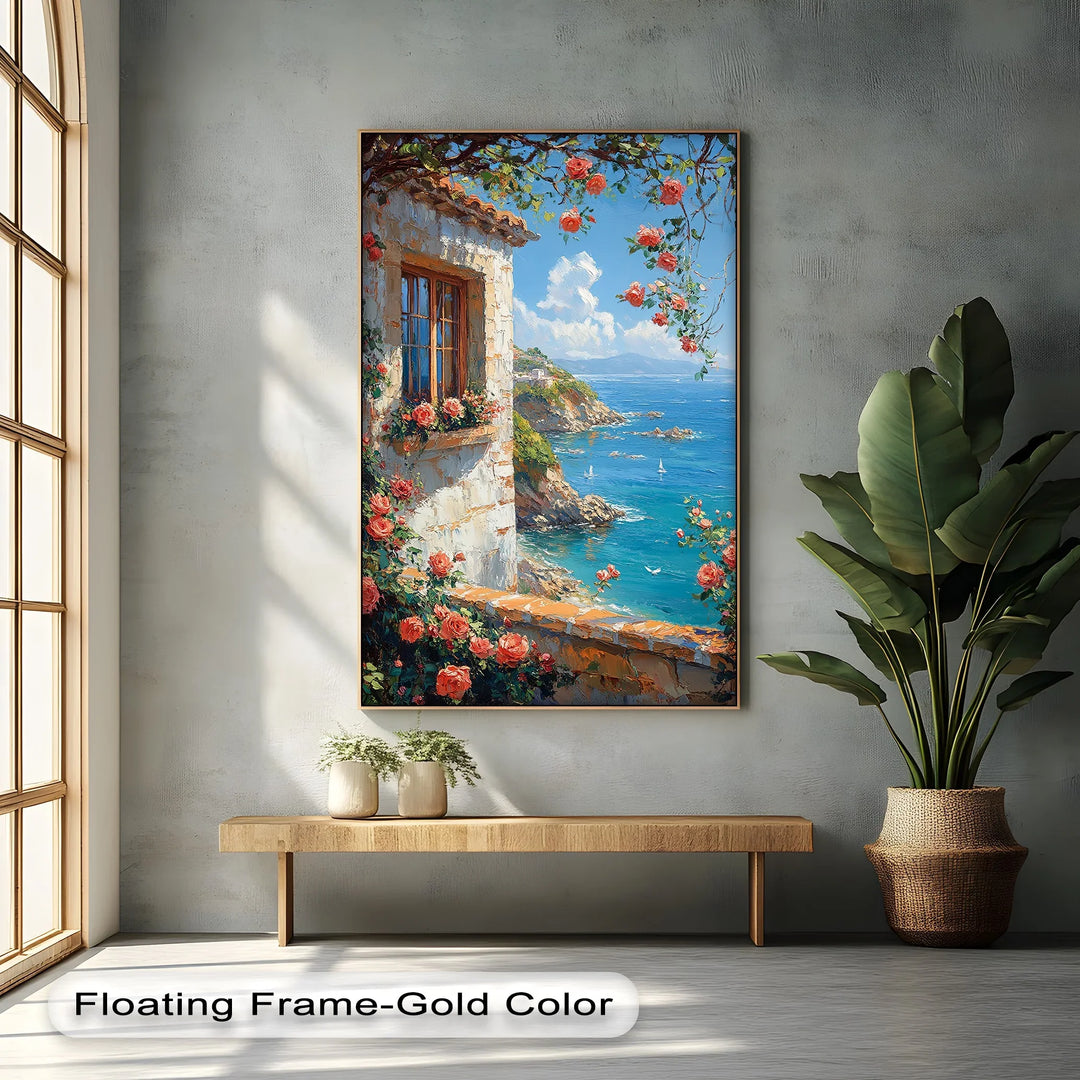 Seaside Roses View – Mediterranean Coast Window Canvas Print - MyPhotoStation