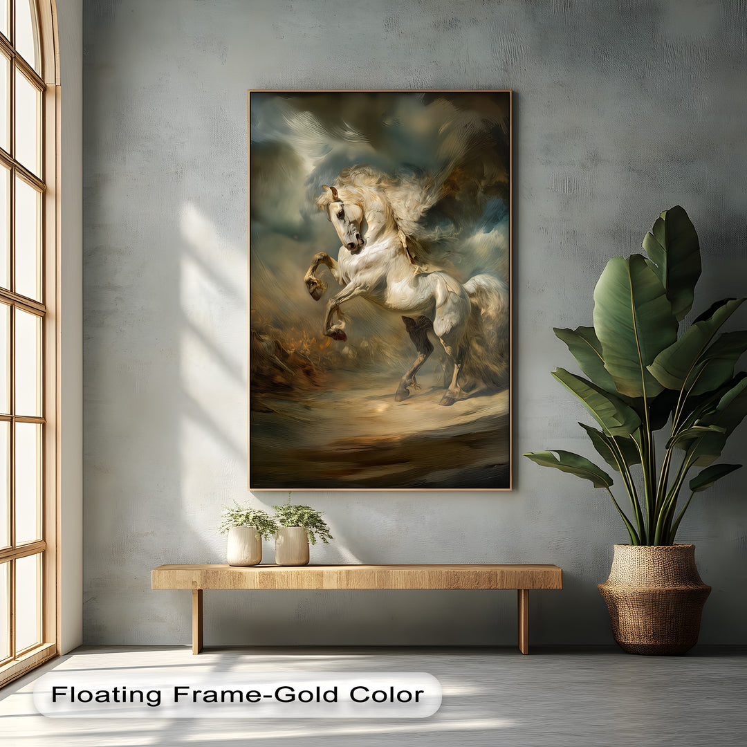 Eclipsed Thunder – Majestic Rearing White Horse Canvas Print