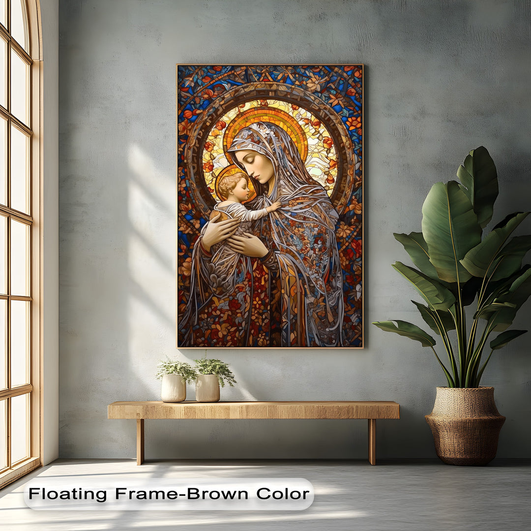 The vibrant color saturation of this Stained Glass Madonna canvas art portrays the Virgin Mary and Child with radiant hues.