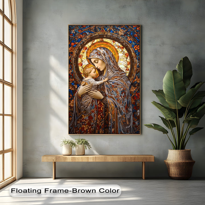 The vibrant color saturation of this Stained Glass Madonna canvas art portrays the Virgin Mary and Child with radiant hues.