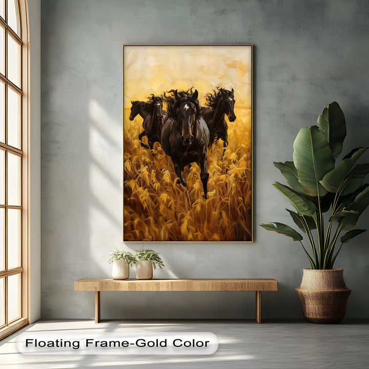 Black Horses Running Through a Wheat Field - Horse Canvas Print