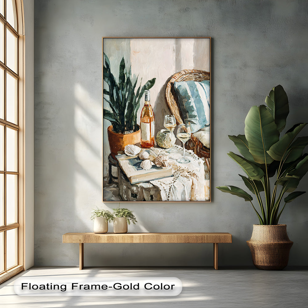 Light and shadow accentuate the serene coastal wine still life canvas print, a hanging canvas depicting an elegant Mediterranean table setting with wine and seashells.