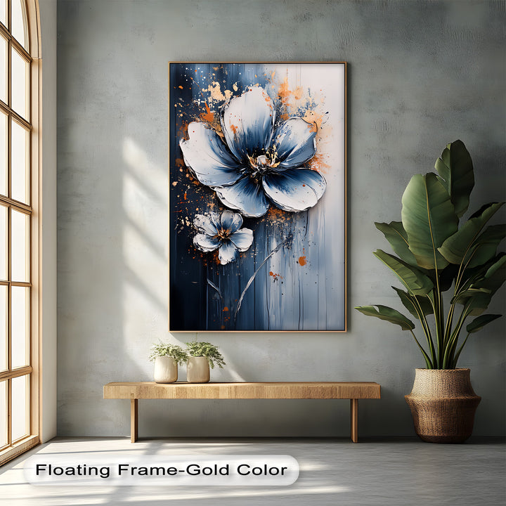Electric Midnight Bloom – Blue and White Abstract Floral Canvas Print