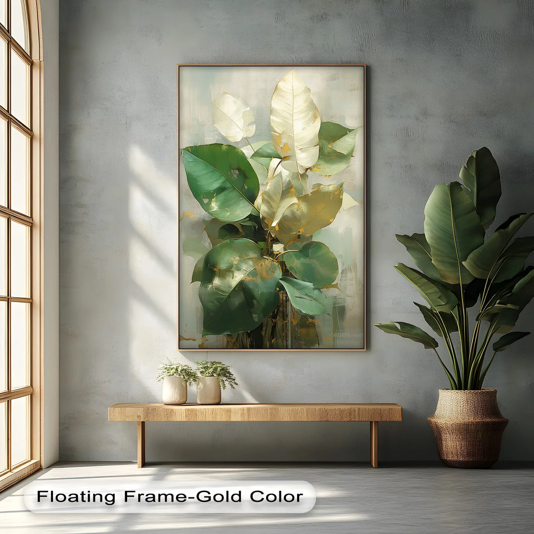 Golden-Edged Ficus Leaves – Elegant Green Botanical Canvas Print - MyPhotoStation
