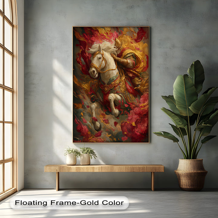 The Crimson Charge – Warrior on White Steed Canvas Print