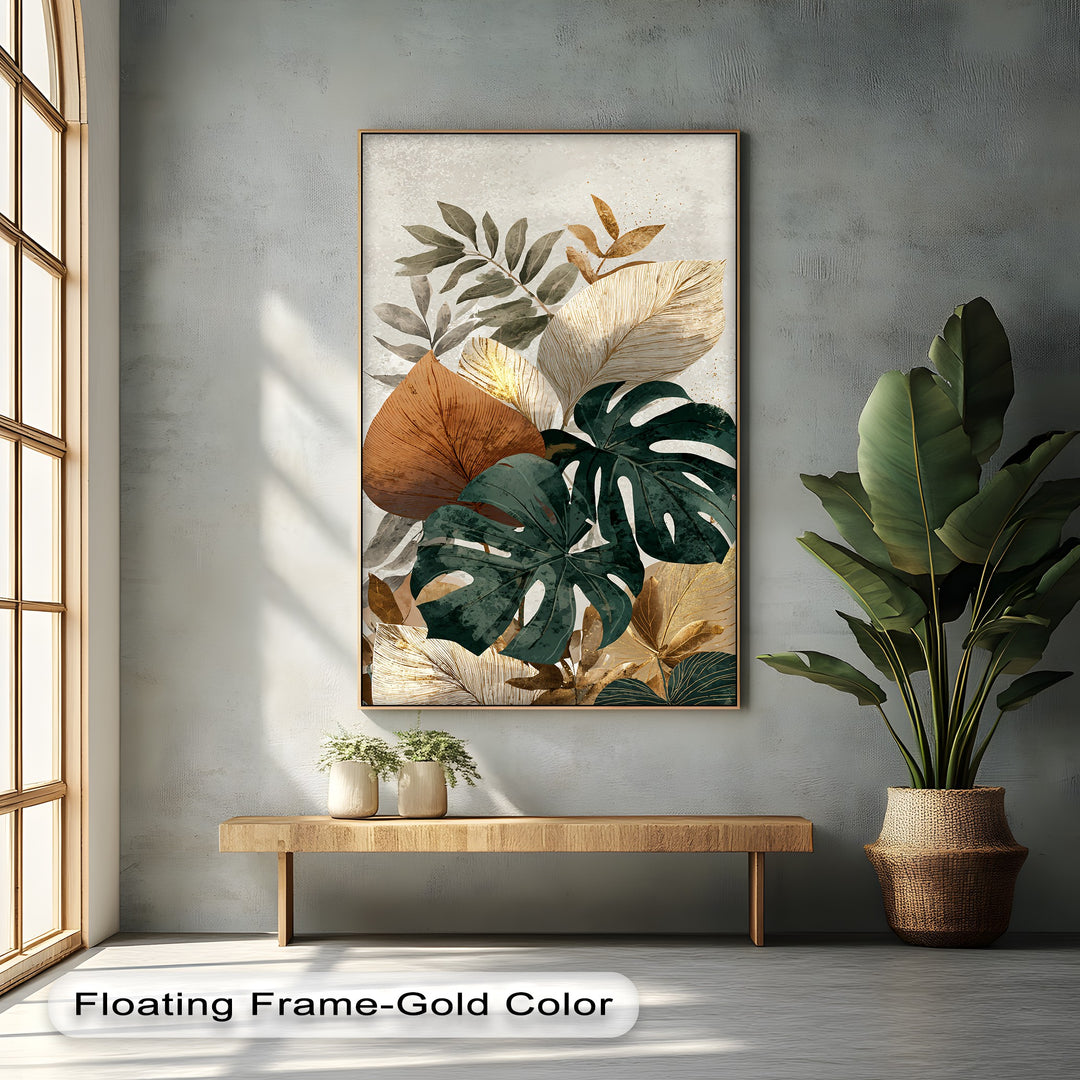 Depth and layers define this neutral botanical monstera canvas print, a premium canvas decor item with an array of overlapping tropical leaves creating a striking effect.
