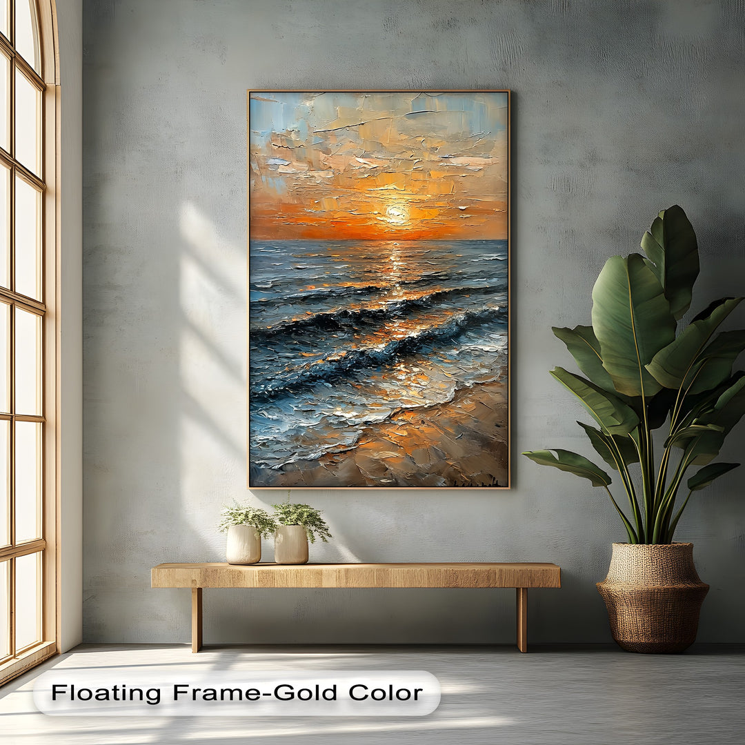 Golden Horizon – Textured Sunset Seascape Canvas Print