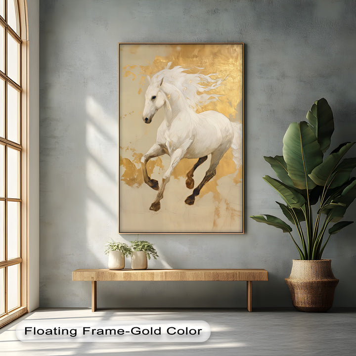 Celestial Charge – Golden White Horse Fantasy Canvas Print