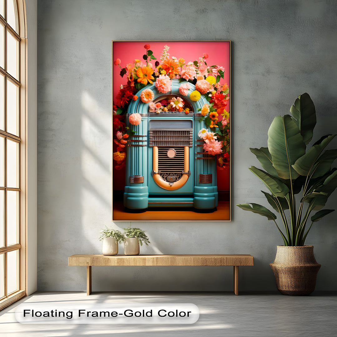 Floral Rhythm – Vintage Jukebox with Blooming Flowers Canvas Print