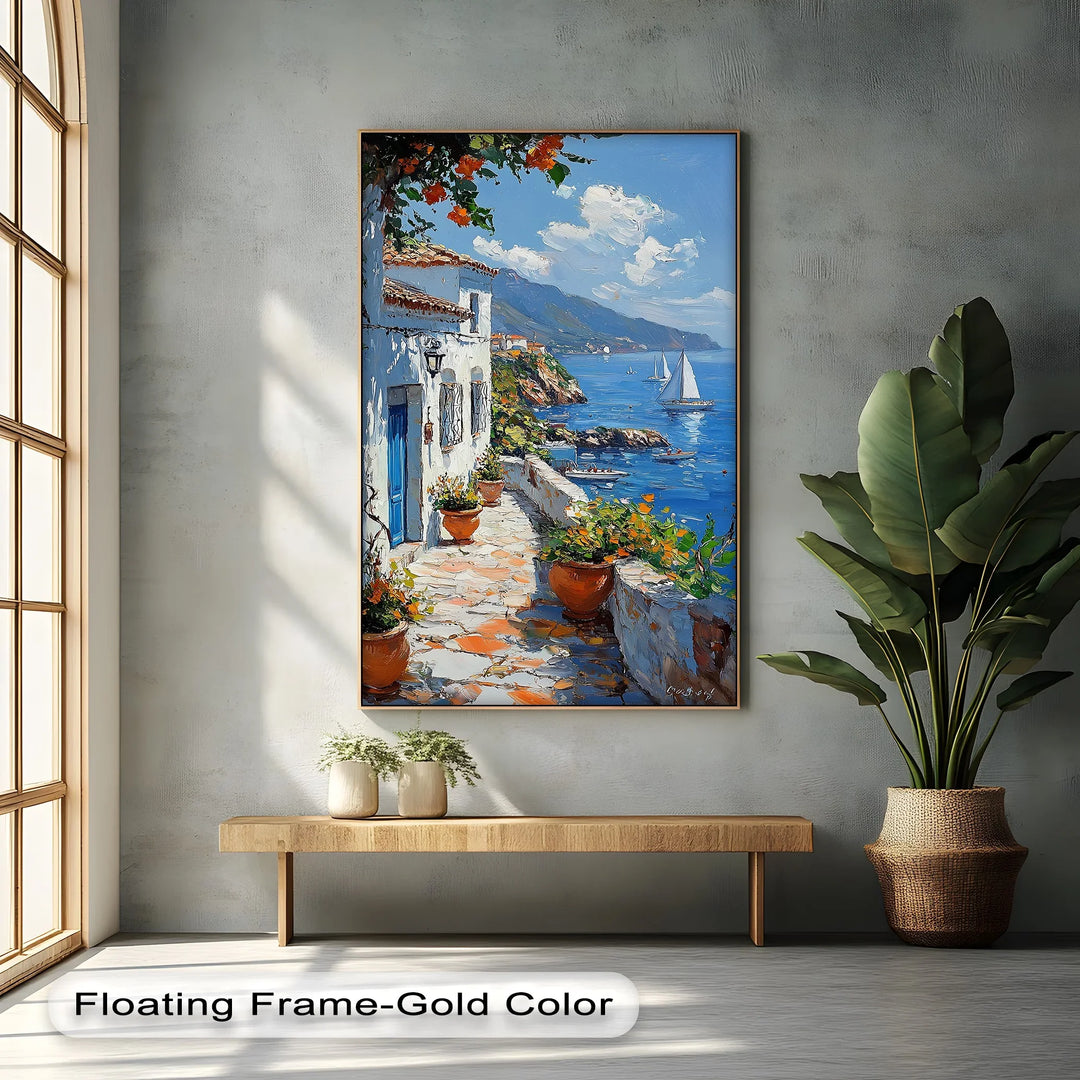 Mediterranean Stroll – Seaside Village Path with Blue Door Canvas Print - MyPhotoStation