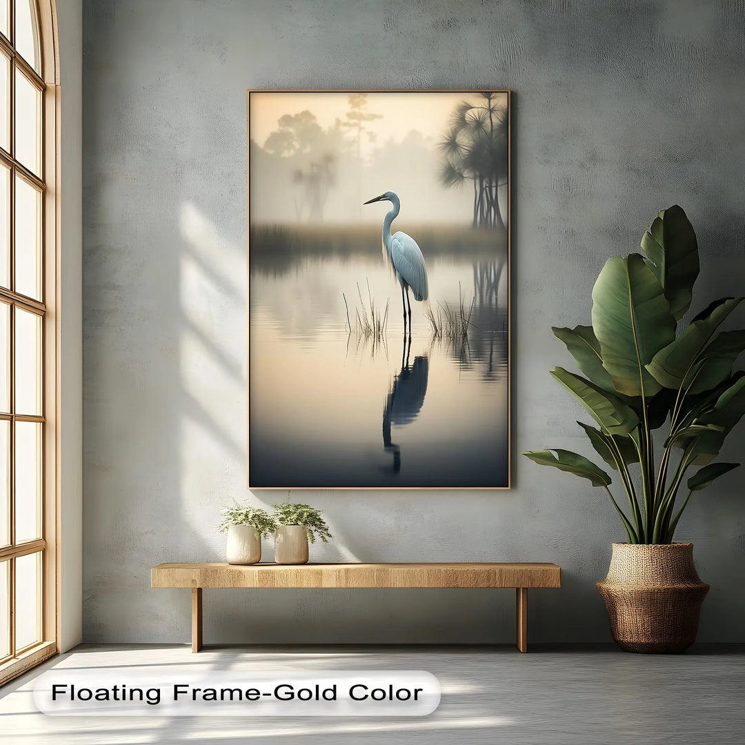 Misty Morning Heron – Serene Lakeside Reflection Canvas Print - MyPhotoStation