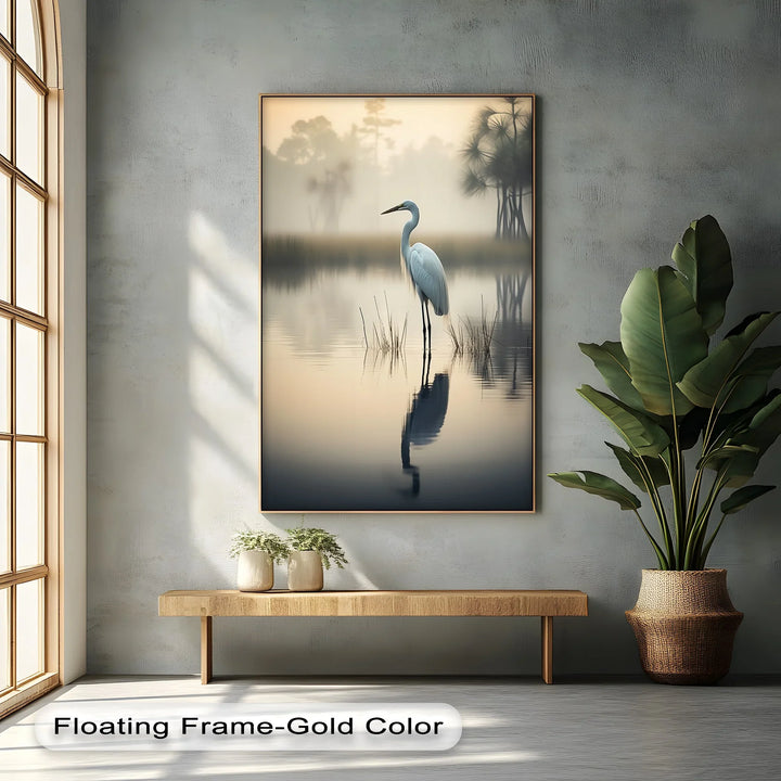 Misty Morning Heron – Serene Lakeside Reflection Canvas Print - MyPhotoStation