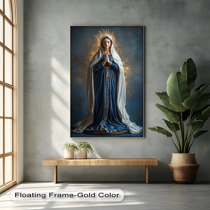This regal custom canvas print portrays Mary as Queen of Heaven, a symbol of eternal peace.

