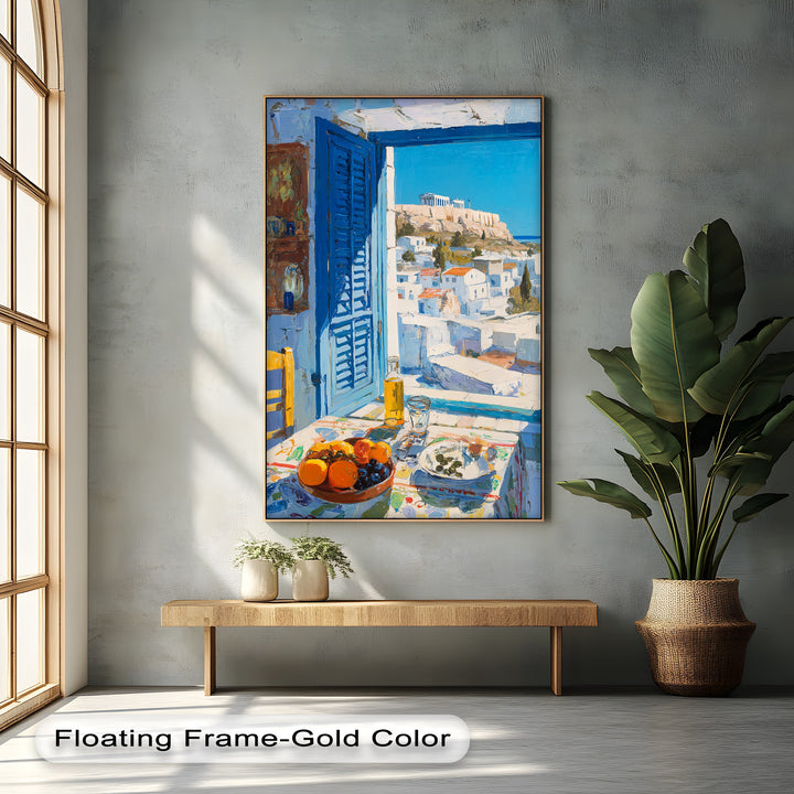 Detailed surface texture reveals the unique canvas print of a Greek window view showing a Mediterranean Santorini landscape, adding depth to this coastal scene.