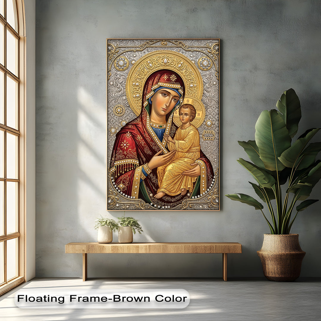 A wooden bench with two small potted plants and a large leafy plant in a textured basket highlight the detailed Virgin Mary and Child canvas artwork.
