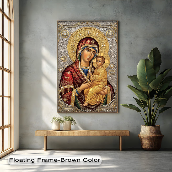 A wooden bench with two small potted plants and a large leafy plant in a textured basket highlight the detailed Virgin Mary and Child canvas artwork.