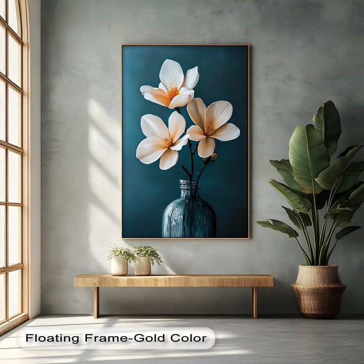 Botanical Grace – white magnolia canvas painting on deep blue background.


