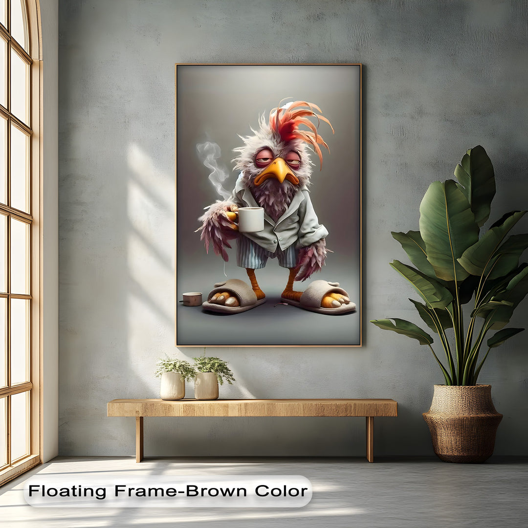 With balanced color saturation, this canvas wall decor showcases a funny morning grump bird, making it captivating coffee wall art.