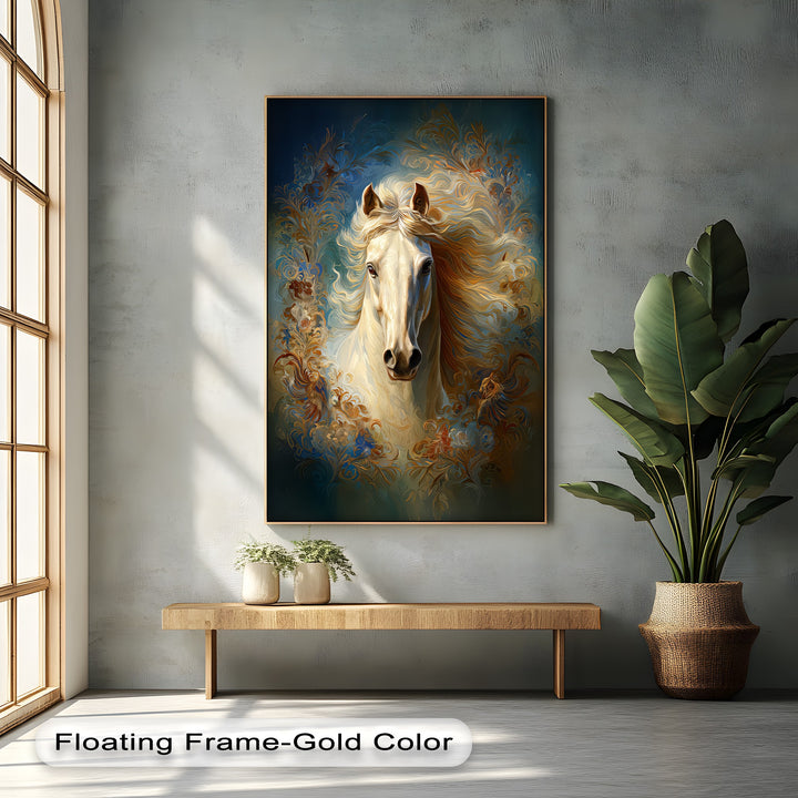 White Horse with Flowing Mane and Ornamental Aura - Horse Canvas Print