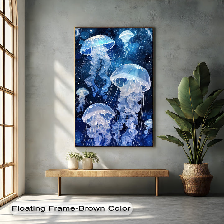 Striking color contrast defines this canvas artwork, showcasing vibrant blue luminous jellyfish against a deep, dark ocean background.