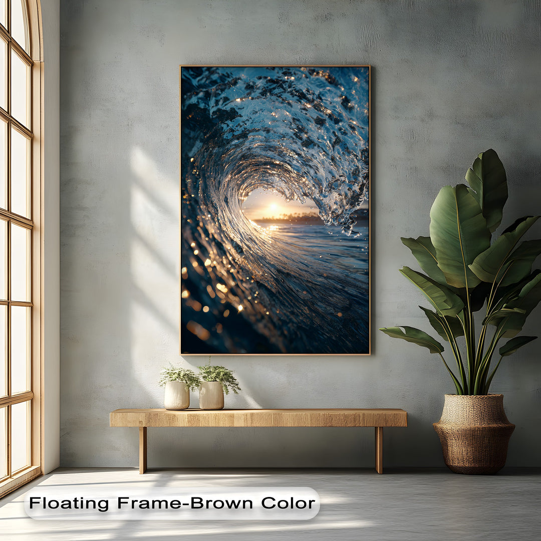 The vast negative space of a textured grey wall, arched window, and large green plant frames a premium canvas decor ocean wave sunset seascape.