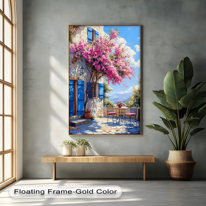 Bougainvillea Breeze – Pink Blossoms and Blue Shutters Canvas Print