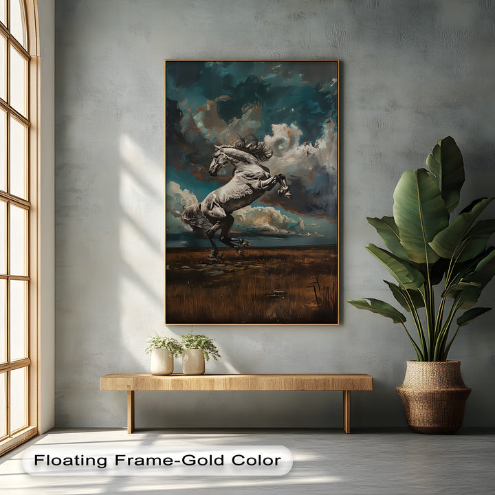 White Stallion Rearing Under a Turbulent Sky - Horse Canvas Print