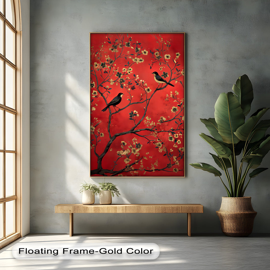 Crimson Melody – Golden Blossom Birds Canvas Wall Art | Framed Art