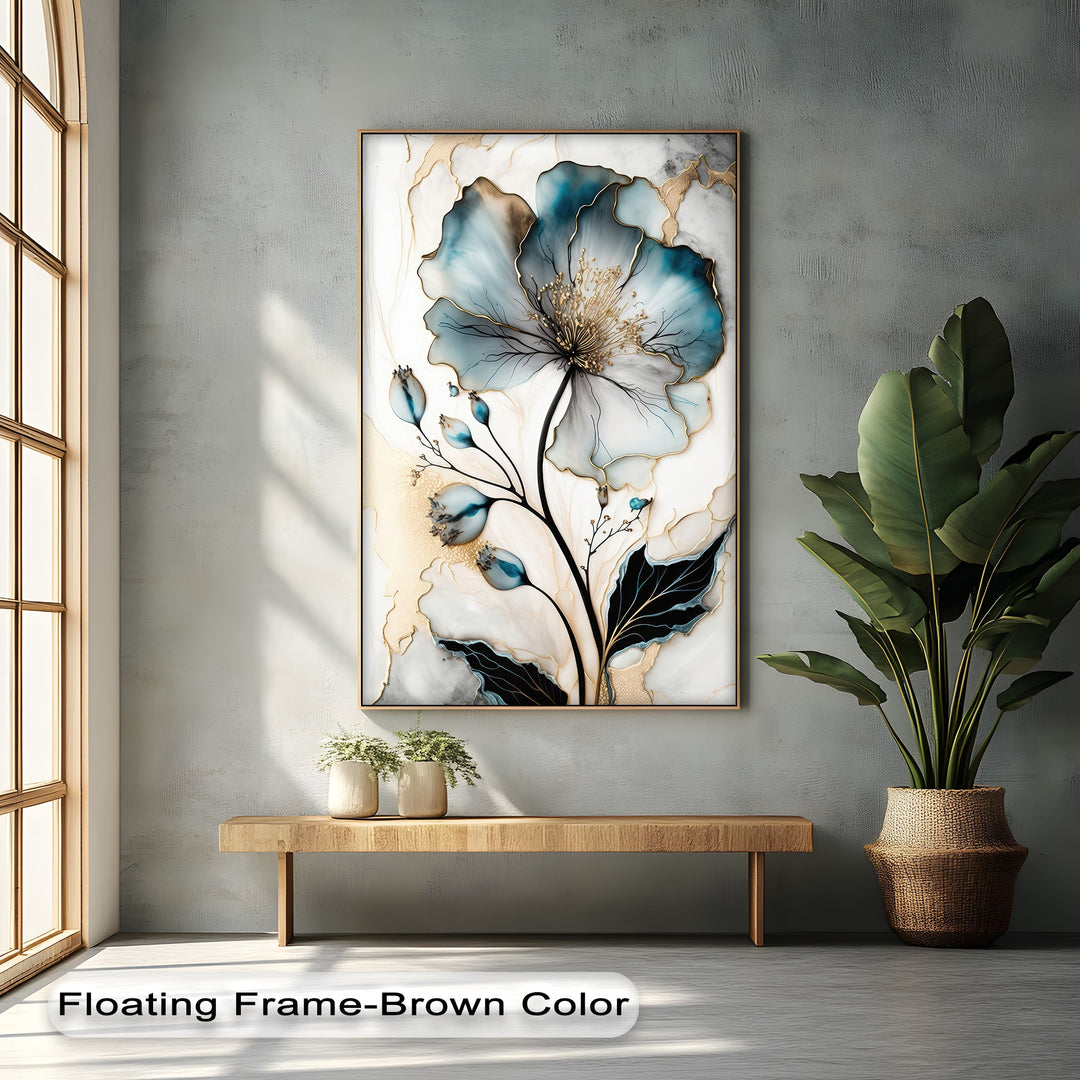 The striking luxury abstract blue floral canvas artwork with intricate gold accents and marble-veined background dominates the room.
