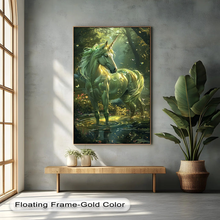 Glowing Green Unicorn in Enchanted Pond - Animal Canvas Print - MyPhotoStation
