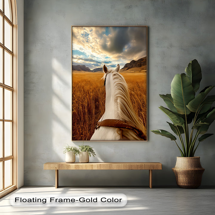 White Horse Overlooking a Golden Field - Horse Canvas Print