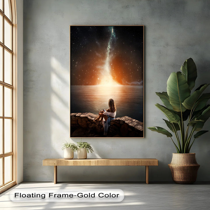 Cosmic Reflection – Stargazing Woman by the Ocean Canvas Print