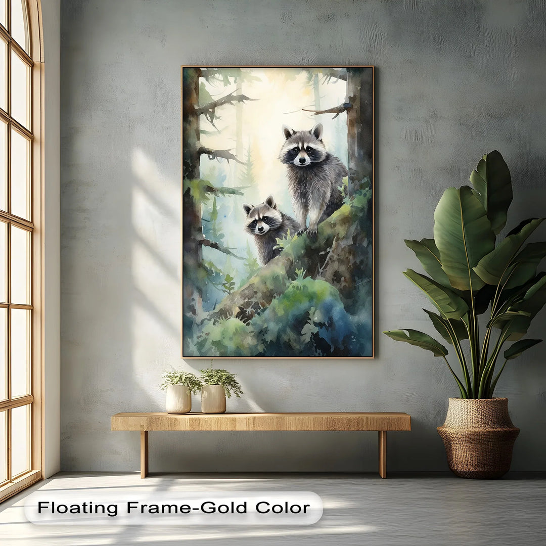 Curious Companions – Raccoons in Forest Animal Canvas Print - MyPhotoStation