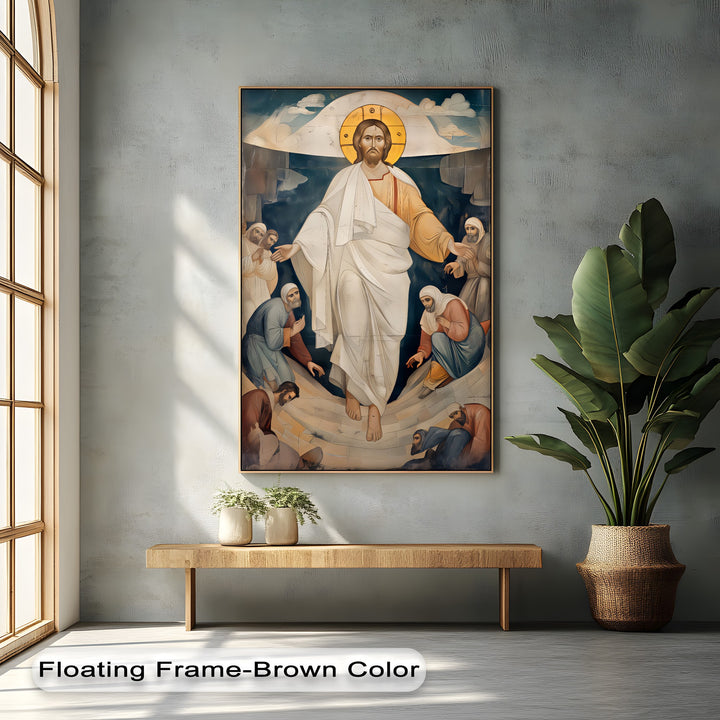 The organic forms of flowing robes, human figures, and a lush plant create a serene scene around the hanging canvas depicting the Resurrection of Christ.