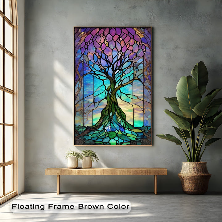 The layering effect within these stunning stained glass tree canvas pictures showcases vibrant purple, blue, and green segmented patterns.