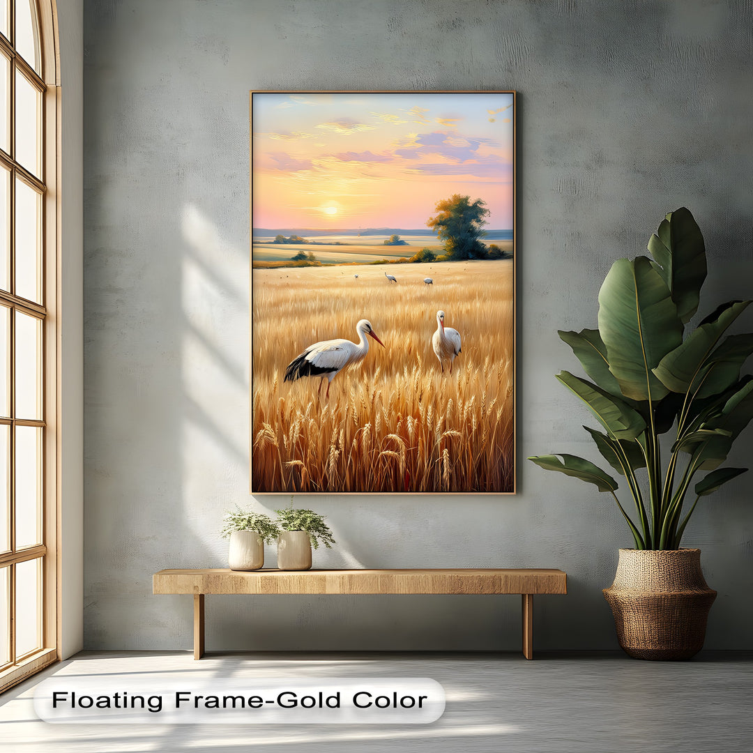 Golden Fields at Dusk – Stork Landscape Canvas Print
