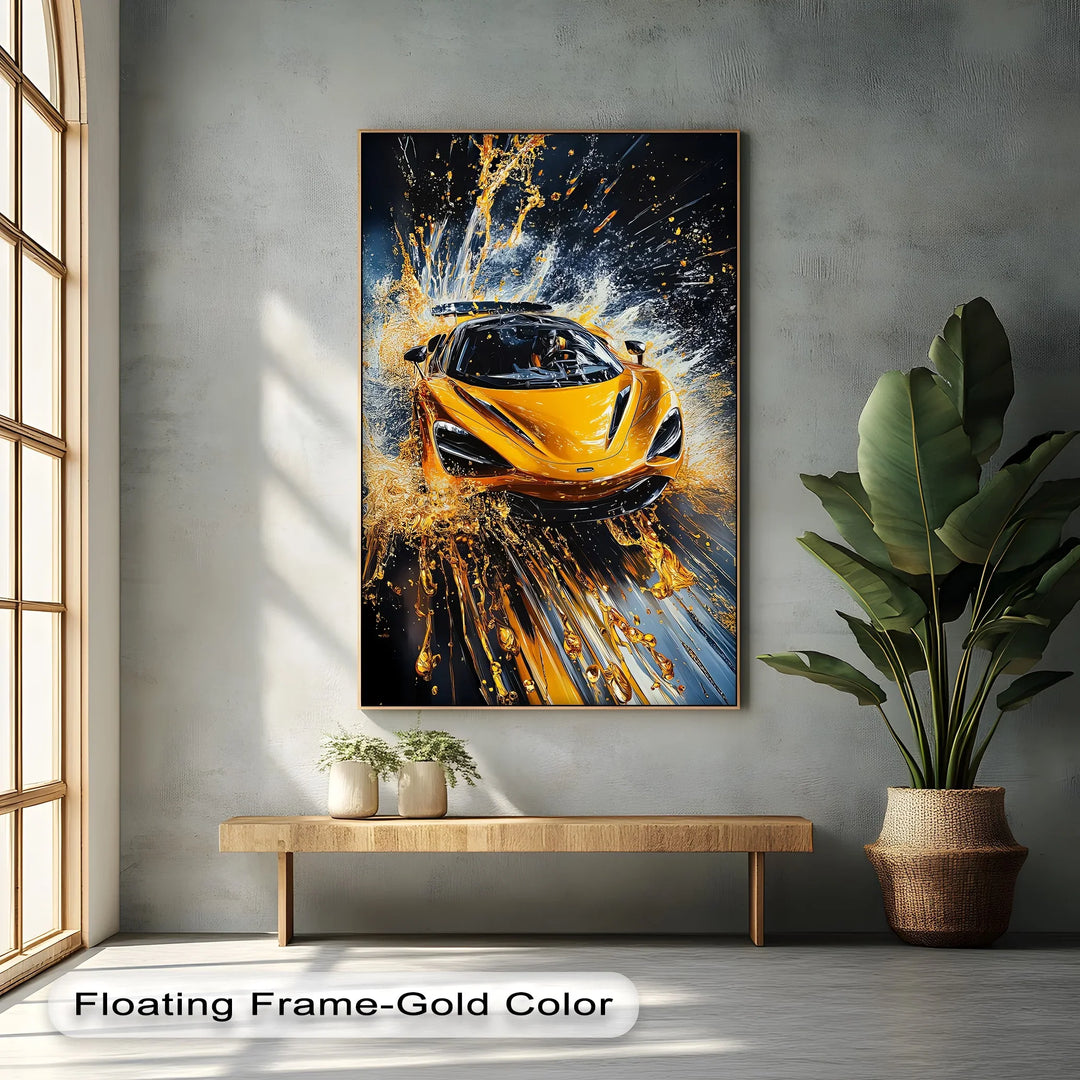 Velocity Splash – Yellow Supercar in Liquid Motion Canvas Print - MyPhotoStation