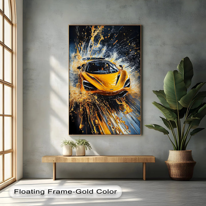 Velocity Splash – Yellow Supercar in Liquid Motion Canvas Print - MyPhotoStation