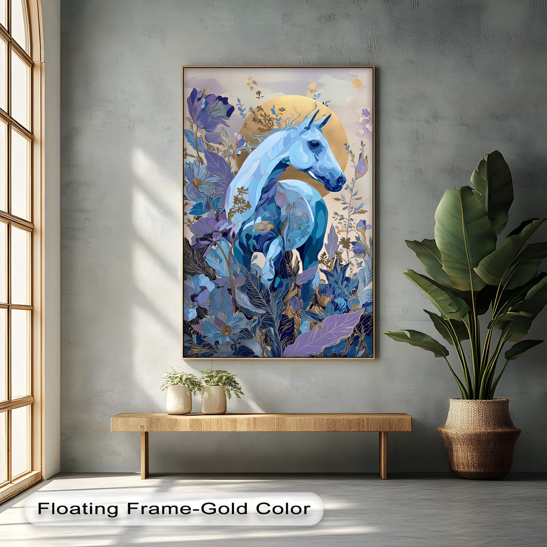Celestial Bloom – Blue Horse in Golden Floral Fantasy Canvas Print