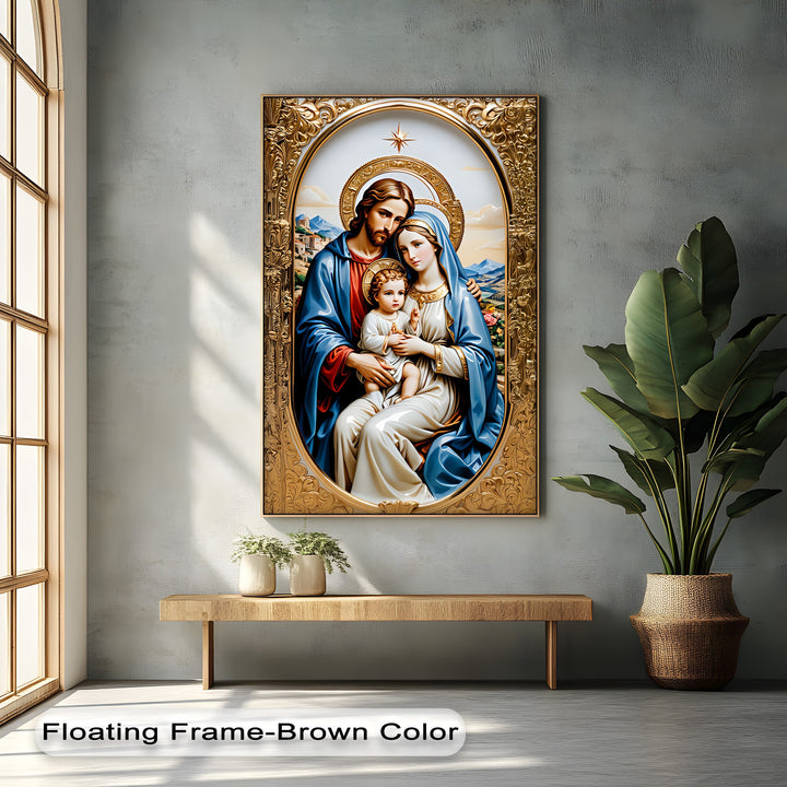 The warm, inviting color temperature bathes the exquisite Holy Family premium canvas decor and its ornate gold frame in a radiant glow.