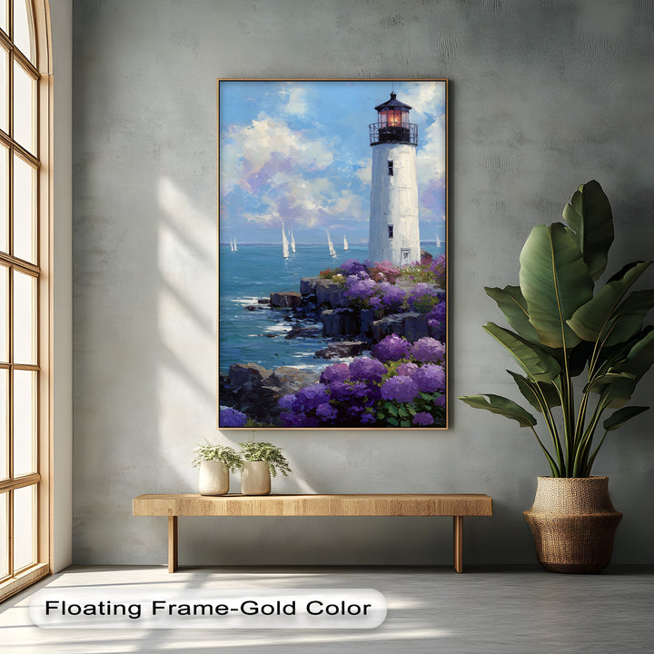 Motion is implied in this canvas artwork through the rolling waves, billowing clouds, and sails of distant ships near the floral lighthouse coastal canvas print.