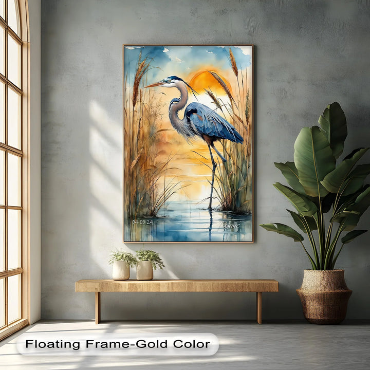 Majestic Blue Heron at Sunset – Serene Waterscape Canvas Print - MyPhotoStation