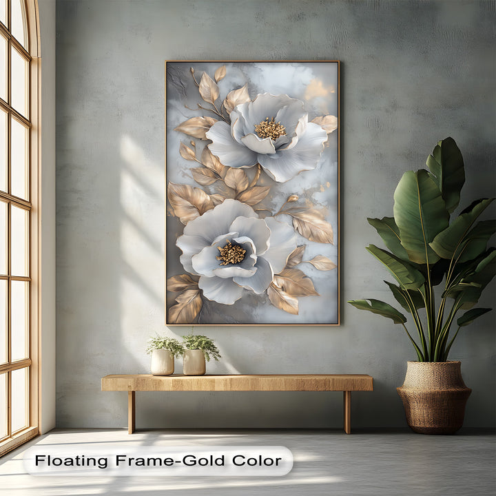Metallic Petal Elegance – Gold and Silver Floral Canvas Print